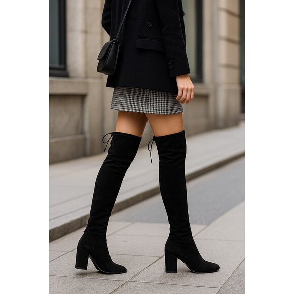 Aquatalia Women’s 6 Black Suede Over The Knee Boots Made in Italy Block Heel Tie - Picture 2 of 16